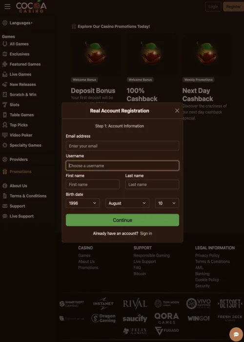 Etapa de Registro Cocoa Casino